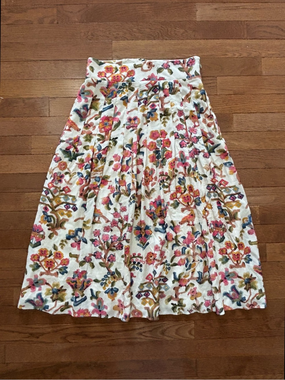 Sezane Bird and Flower Watercolor Print Pleated Midi Skirt